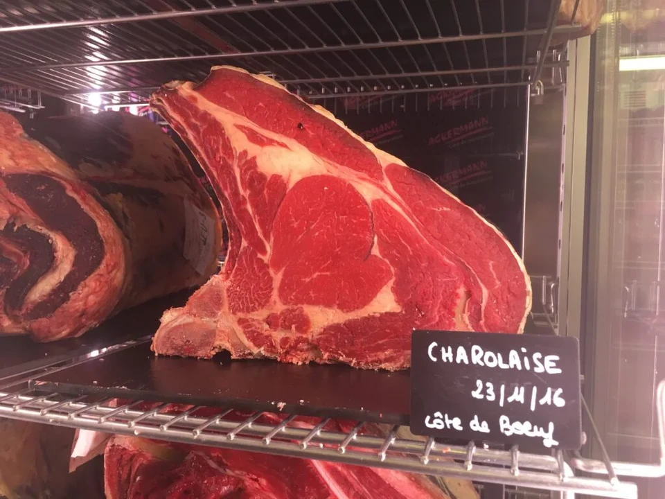 Couple s'amusant dans un supermarché, femme assise dans un caddie rouge poussé par un homme barbu en chemise à carreaux